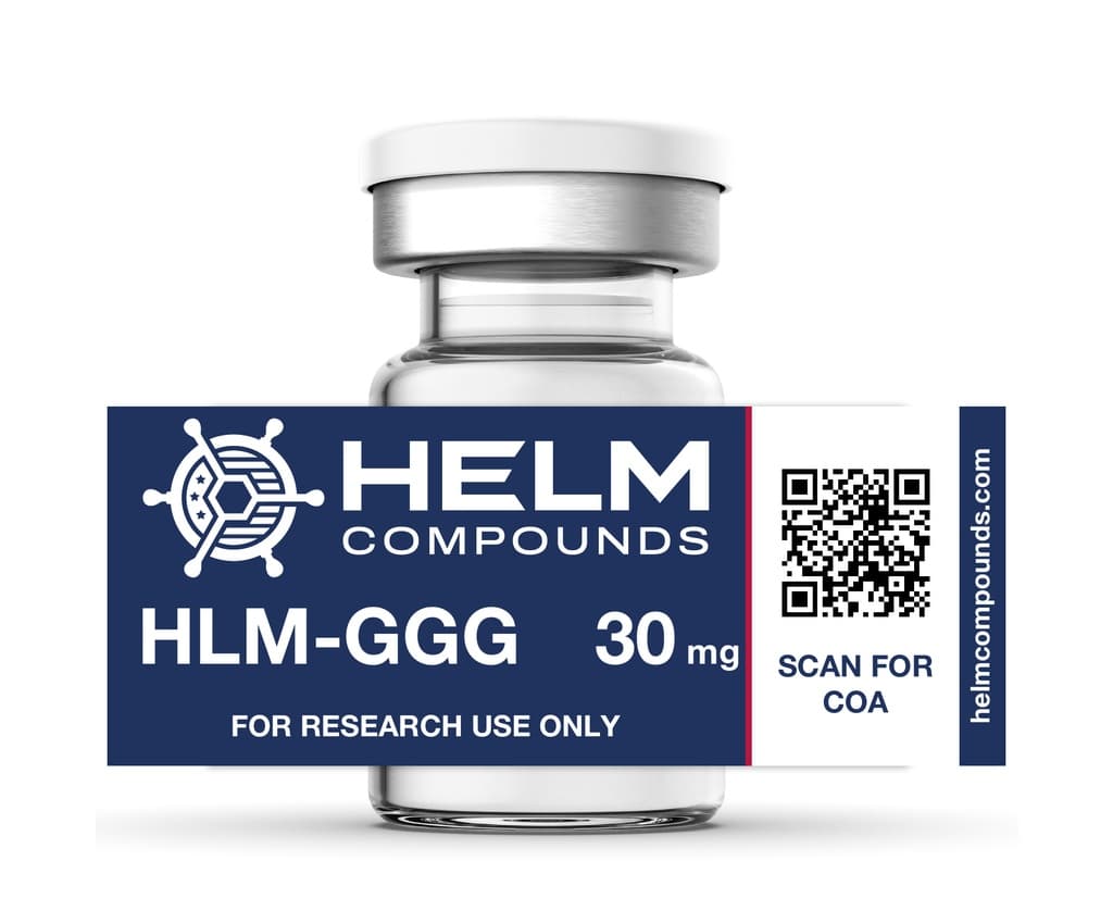 HLM-GGG 30mg research peptide vial, White lyophilized powder